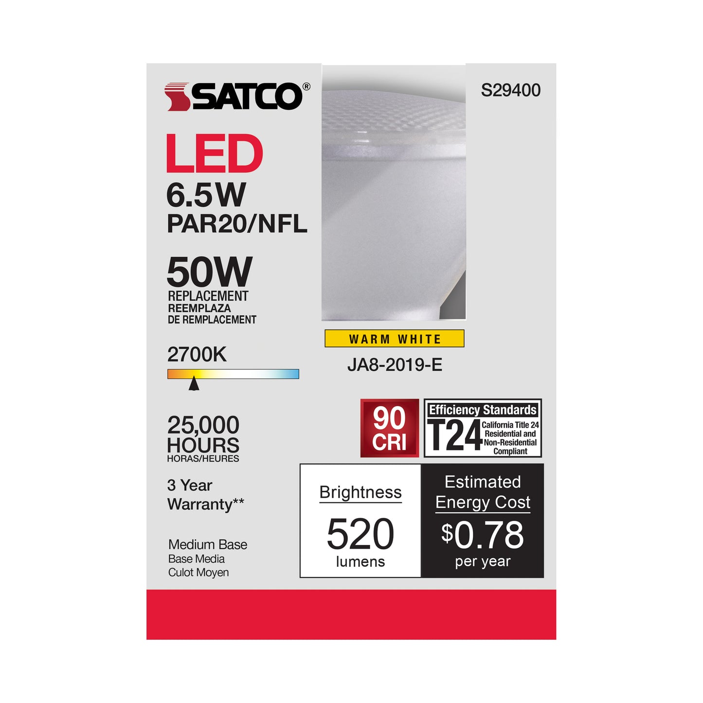 image of 6.5 Watt - PAR20 LED - 2700K - 25 deg. Beam Angle - Medium base - 120 Volt