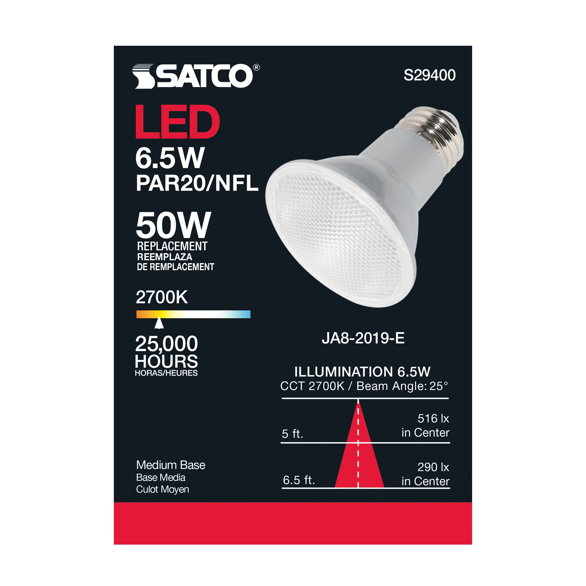 image of 6.5 Watt - PAR20 LED - 2700K - 25 deg. Beam Angle - Medium base - 120 Volt