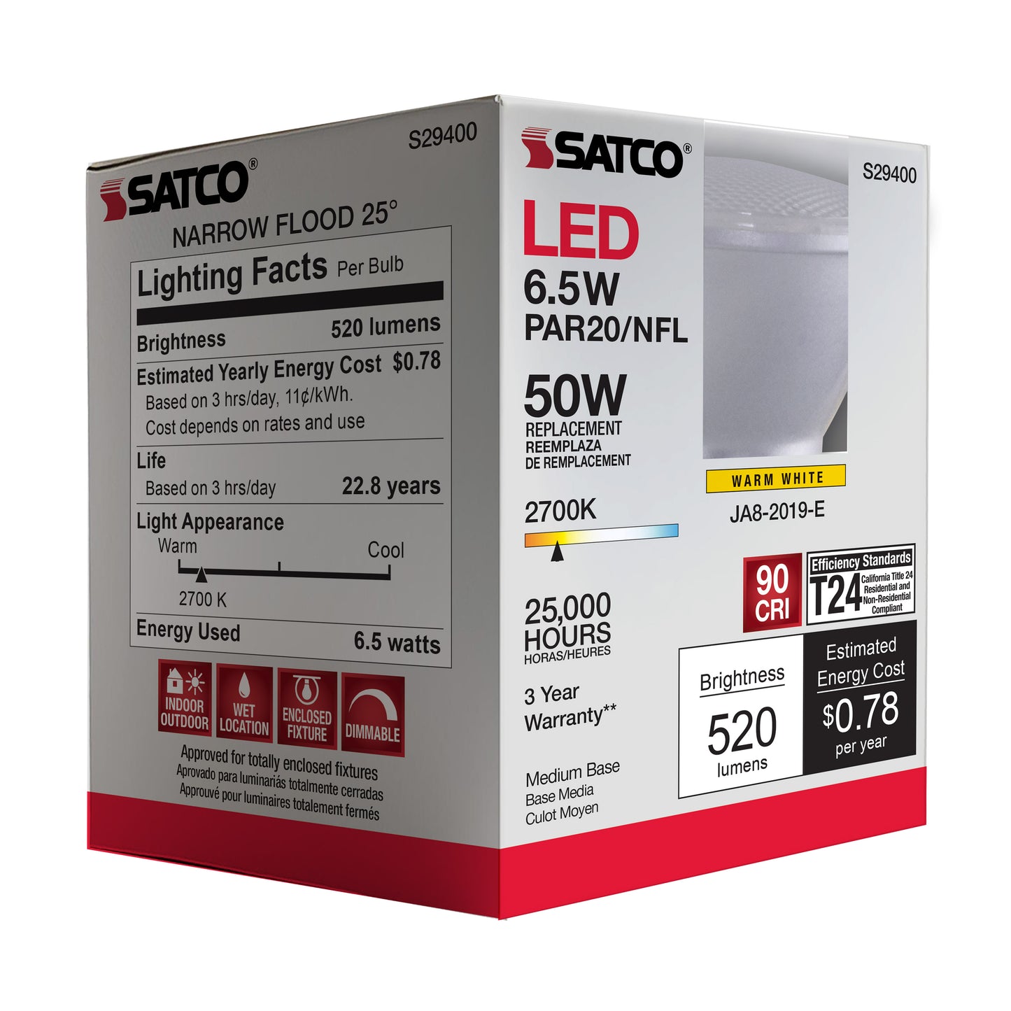 image of 6.5 Watt - PAR20 LED - 2700K - 25 deg. Beam Angle - Medium base - 120 Volt