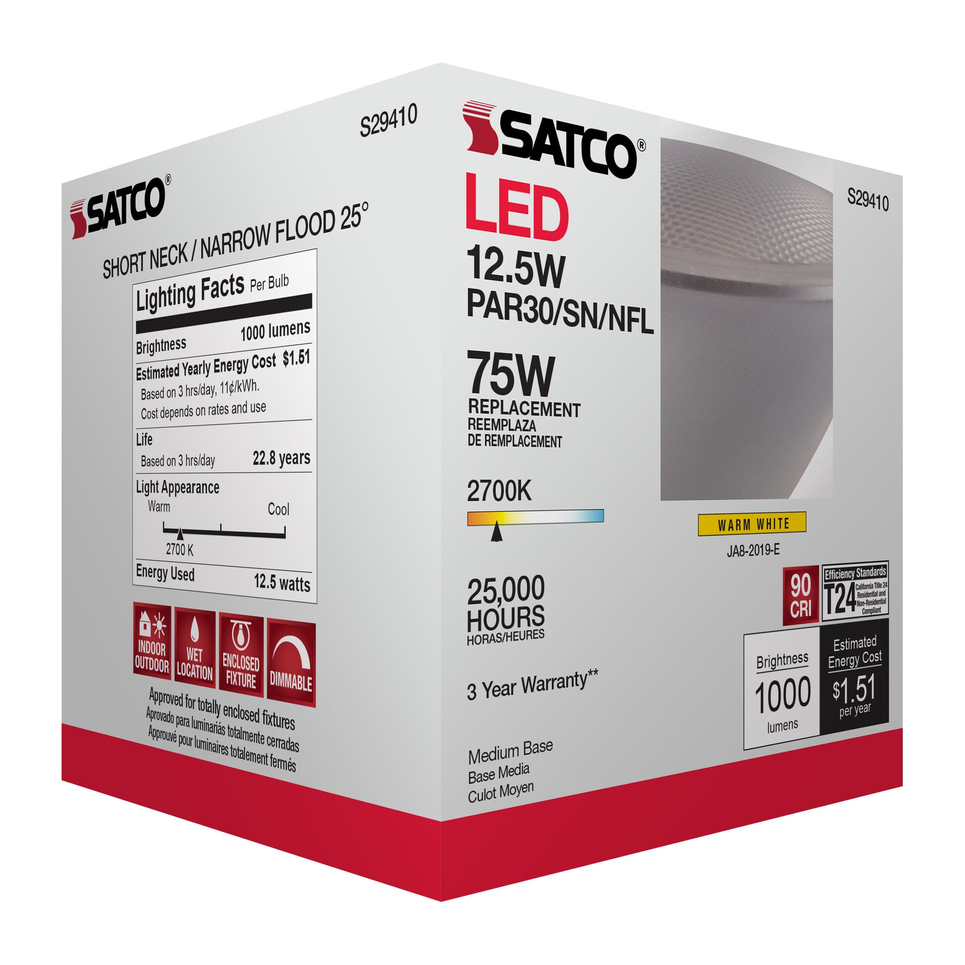 image of 12.5 Watt - PAR30SN LED - 2700K - 25 deg. Beam Angle - Medium base - 120 Volt