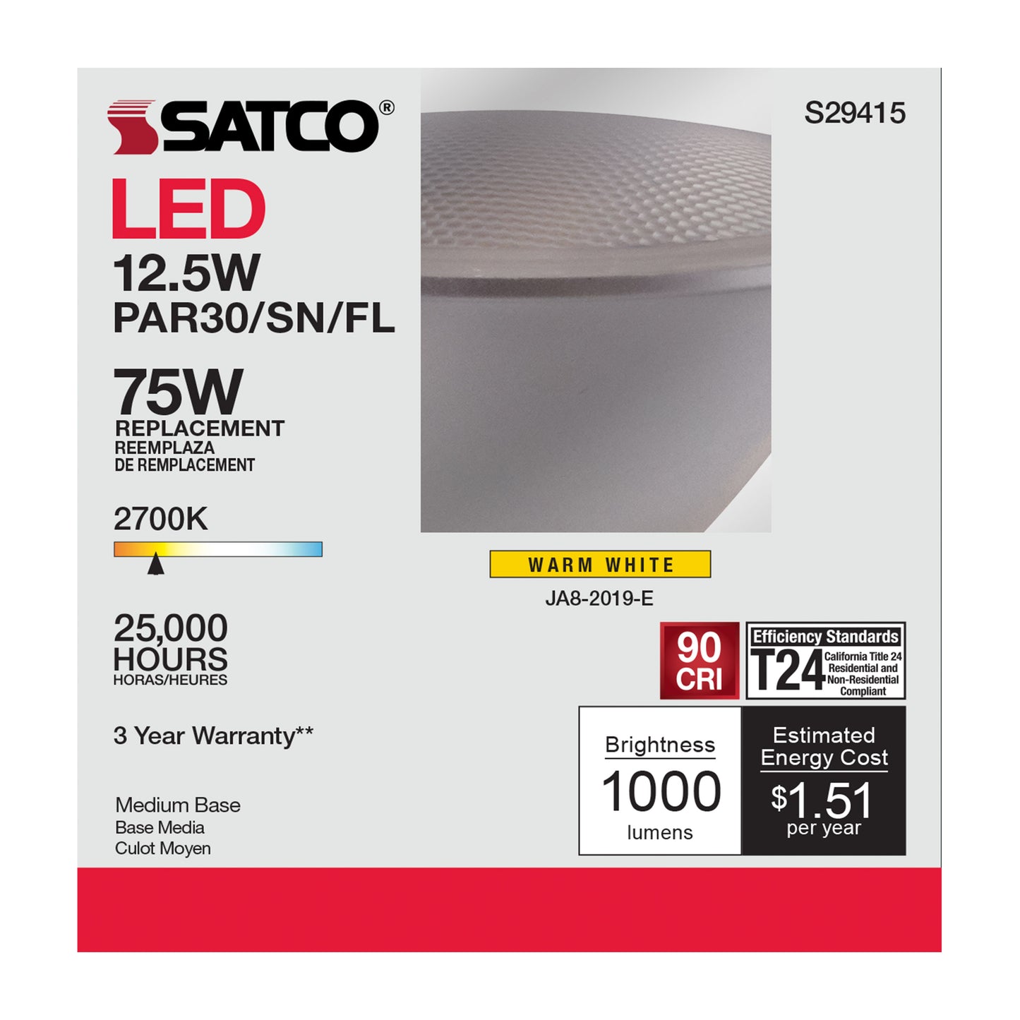 image of 12.5 Watt - PAR30SN LED - 2700K - 40 deg. Beam Angle - Medium base - 120 Volt