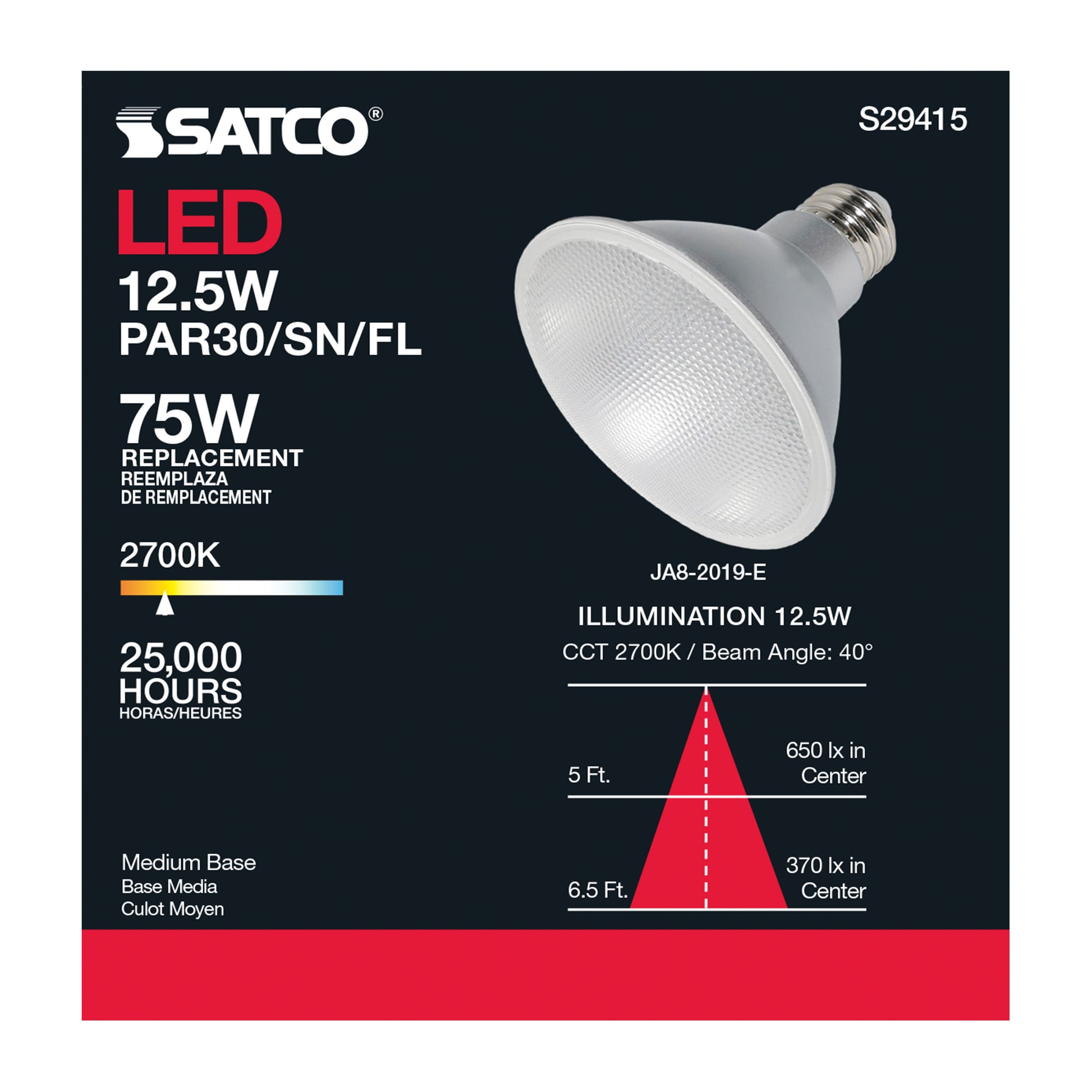 image of 12.5 Watt - PAR30SN LED - 2700K - 40 deg. Beam Angle - Medium base - 120 Volt