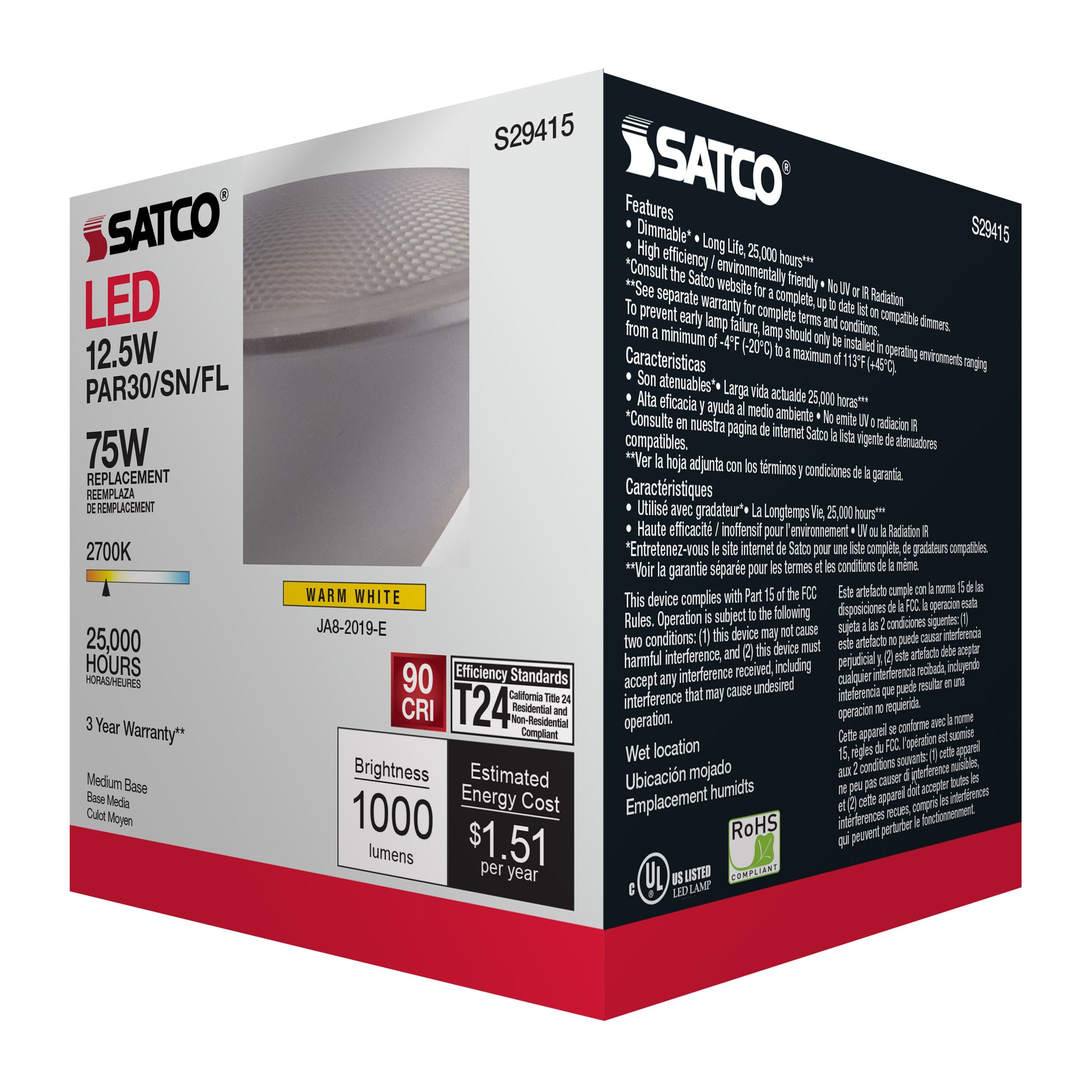 image of 12.5 Watt - PAR30SN LED - 2700K - 40 deg. Beam Angle - Medium base - 120 Volt