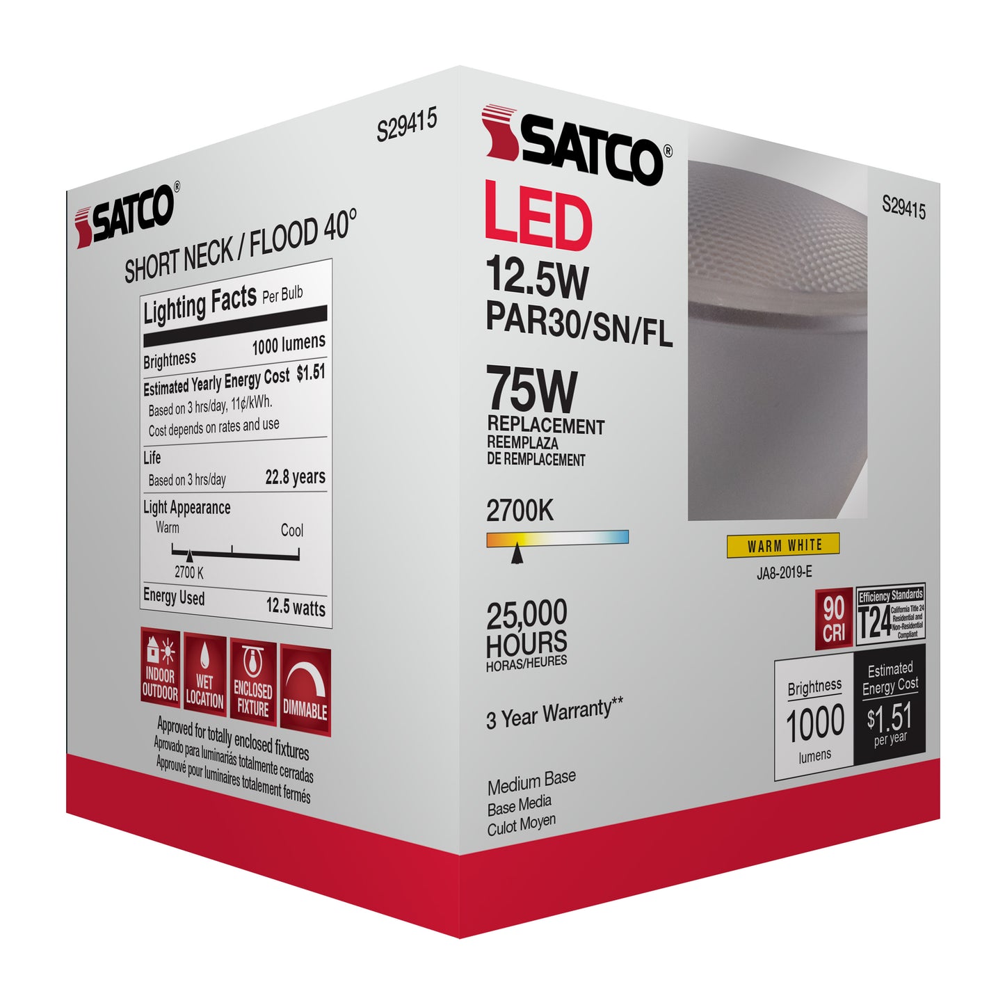 image of 12.5 Watt - PAR30SN LED - 2700K - 40 deg. Beam Angle - Medium base - 120 Volt