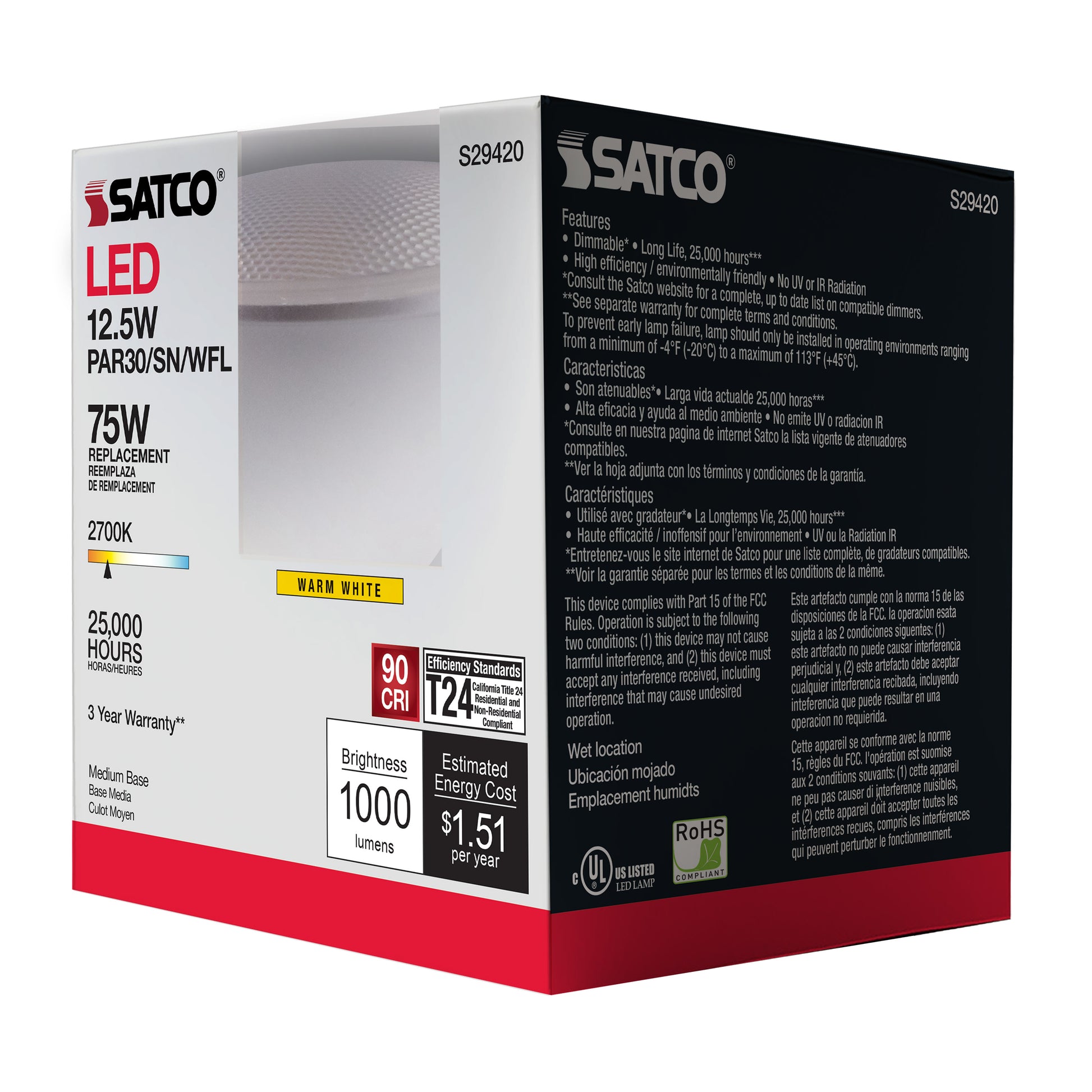 image of 12.5 Watt - PAR30SN LED - 2700K - 60 deg. Beam Angle - Medium base - 120 Volt