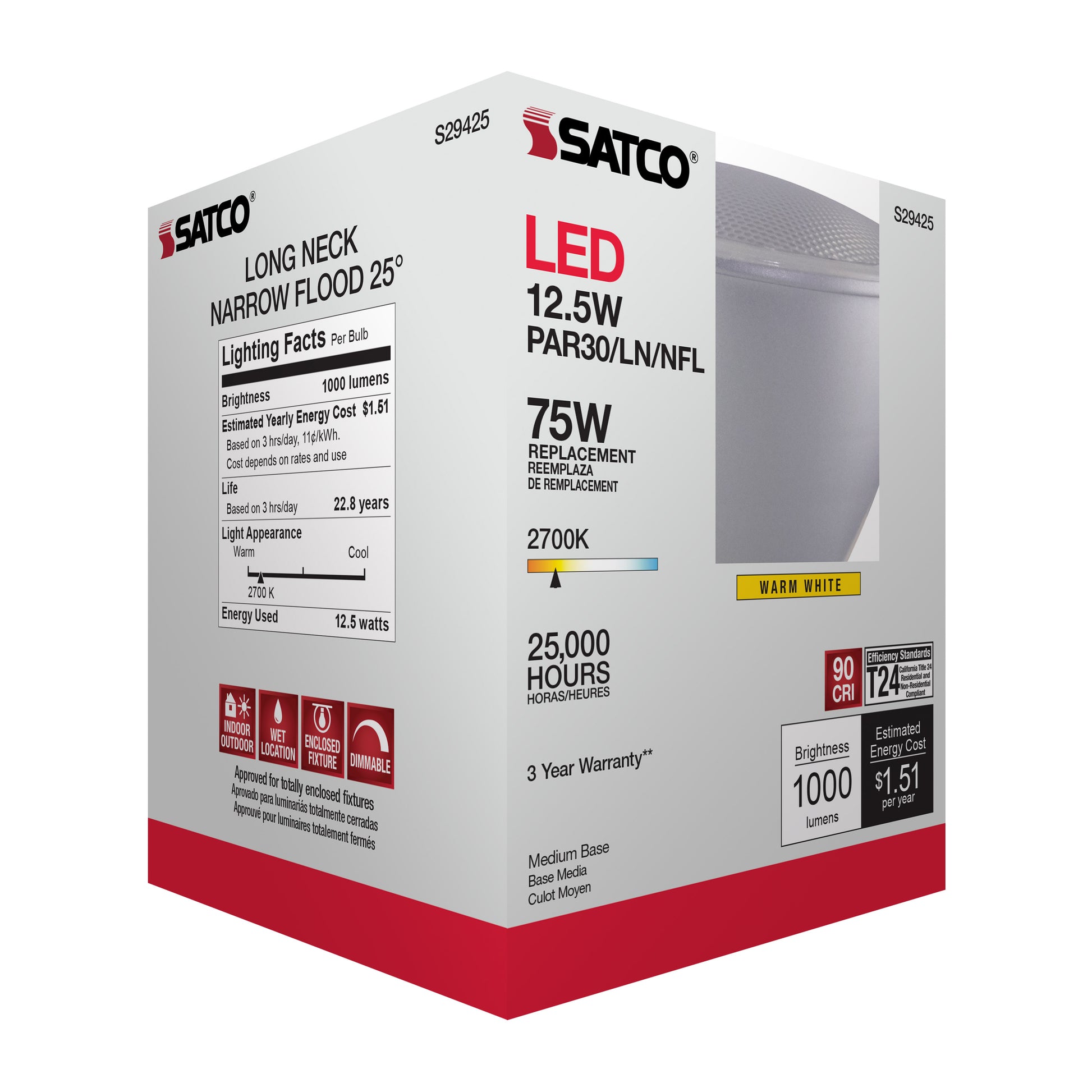 image of 12.5 Watt - PAR30LN LED - 2700K - 25 deg. Beam Angle - Medium base - 120 Volt