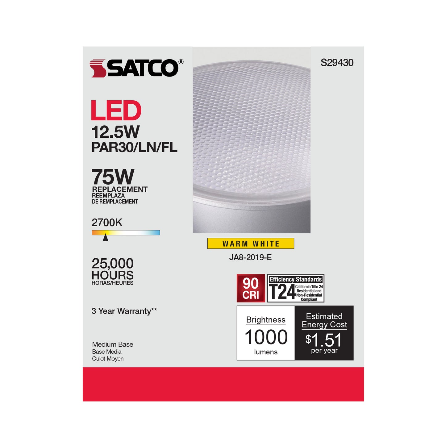 image of 12.5 Watt - PAR30LN LED - 2700K - 40 deg. Beam Angle - Medium base - 120 Volt