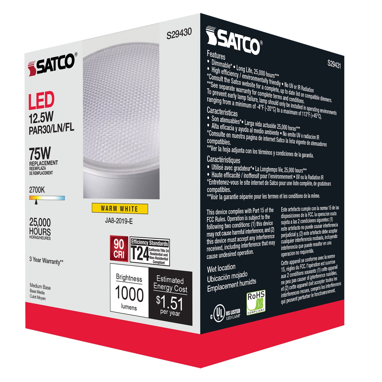 image of 12.5 Watt - PAR30LN LED - 2700K - 40 deg. Beam Angle - Medium base - 120 Volt