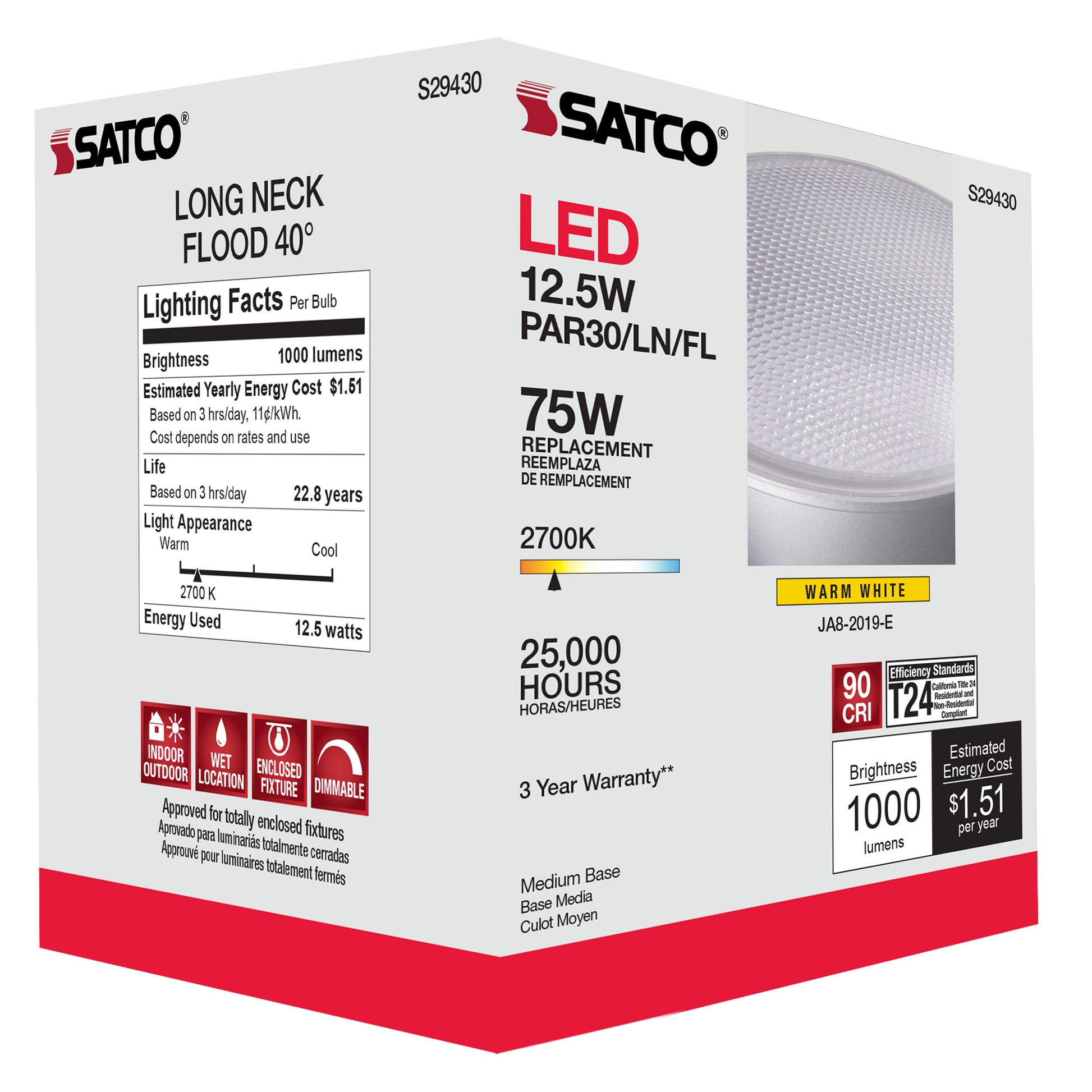 image of 12.5 Watt - PAR30LN LED - 2700K - 40 deg. Beam Angle - Medium base - 120 Volt