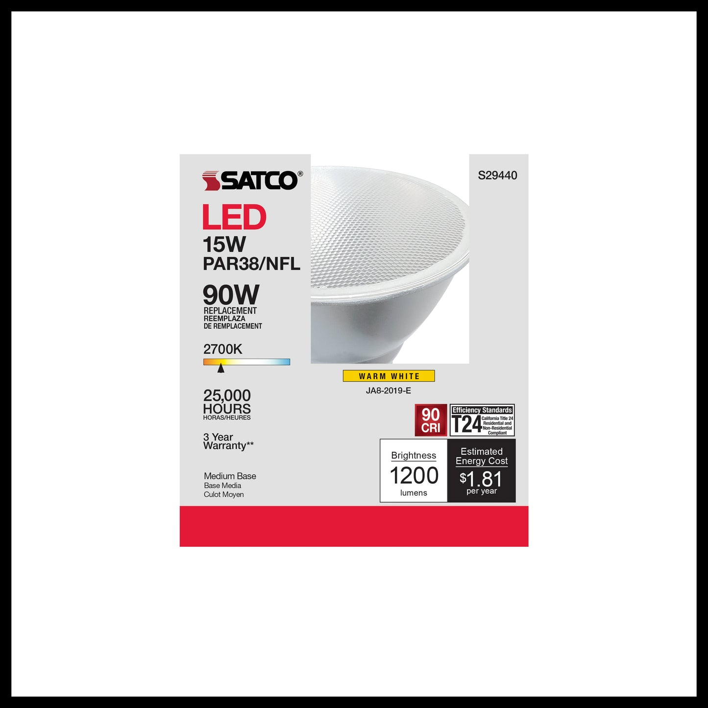 image of 15 Watt - PAR38 LED - 2700K - 25 deg. Beam Angle - Medium base - 120 Volt