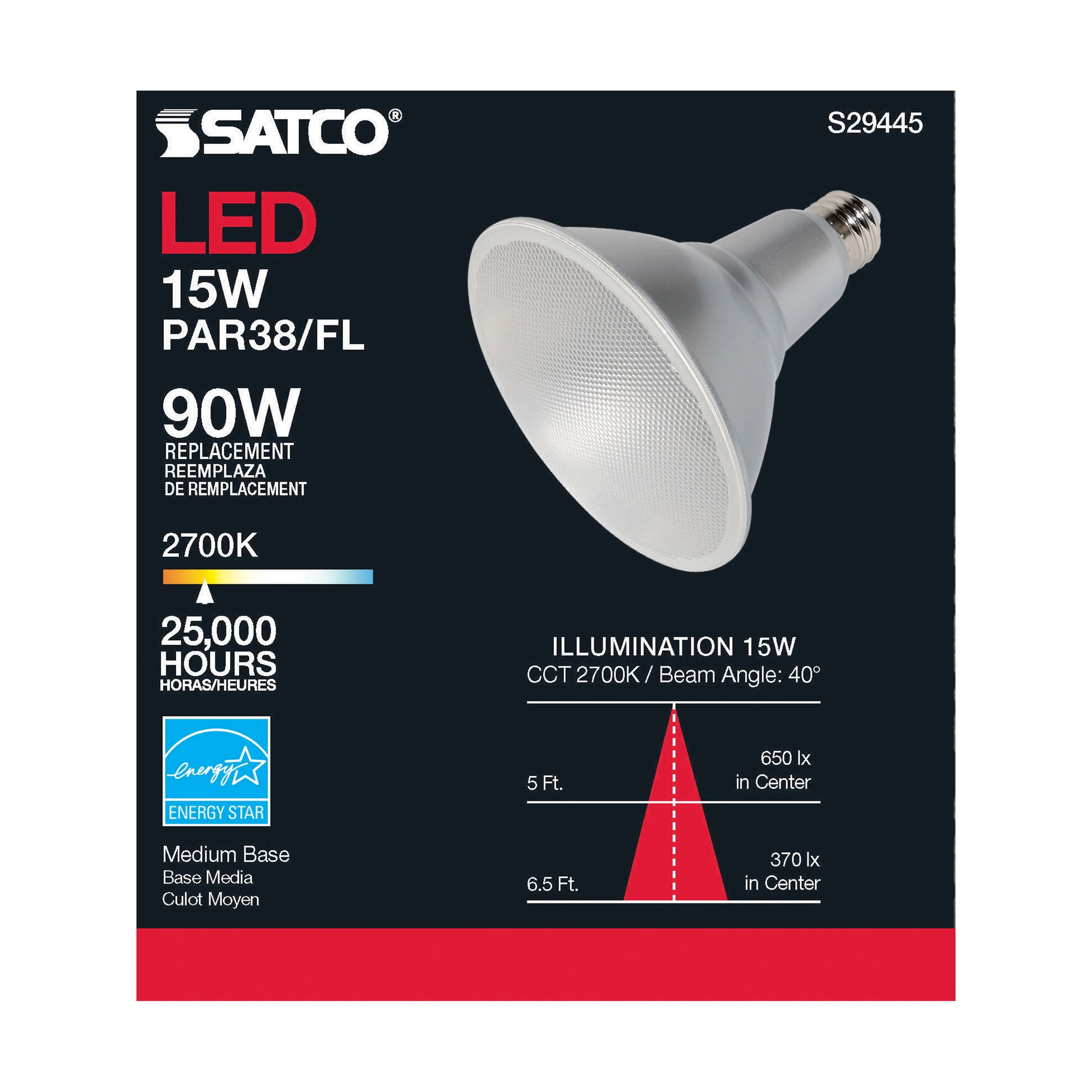 image of 15 Watt - PAR38 LED - 2700K - 40 deg. Beam Angle - Medium base - 120 Volt