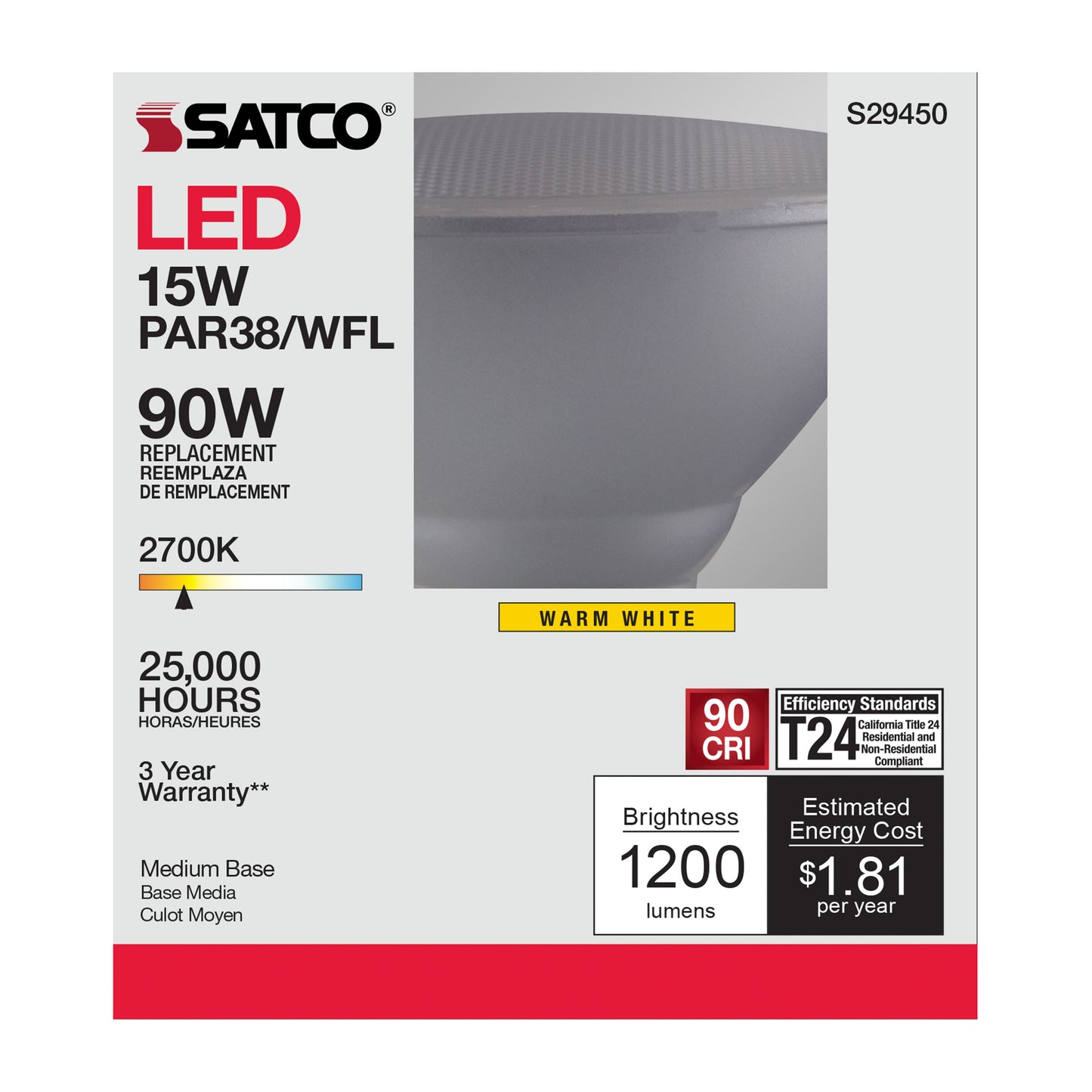 image of 15 Watt - PAR38 LED - 2700K - 60 deg. Beam Angle - Medium base - 120 Volt