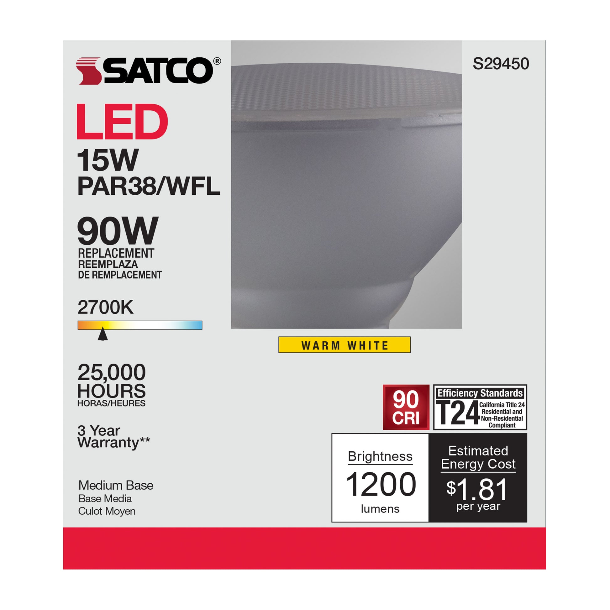 image of 15 Watt - PAR38 LED - 2700K - 60 deg. Beam Angle - Medium base - 120 Volt