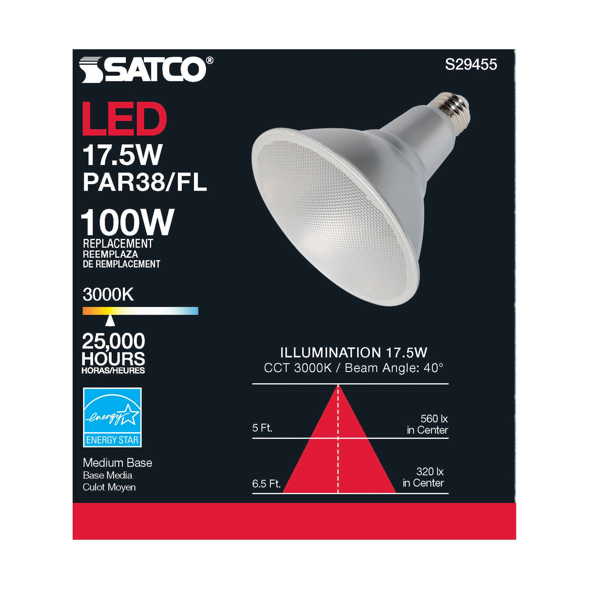 image of 17.5 Watt - PAR38 LED - 3000K - 40 deg. Beam Angle - Medium base - 120 Volt