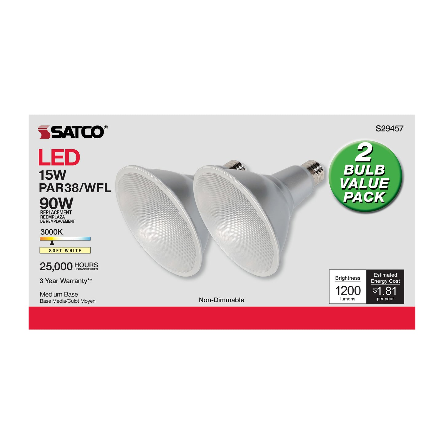 image of 15 Watt - PAR38 LED - 3000K - 60 deg. Beam Angle - Medium base - 120 Volt - 2-Pk