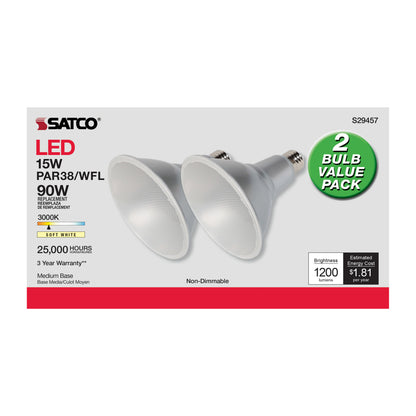 image of 15 Watt - PAR38 LED - 3000K - 60 deg. Beam Angle - Medium base - 120 Volt - 2-Pk