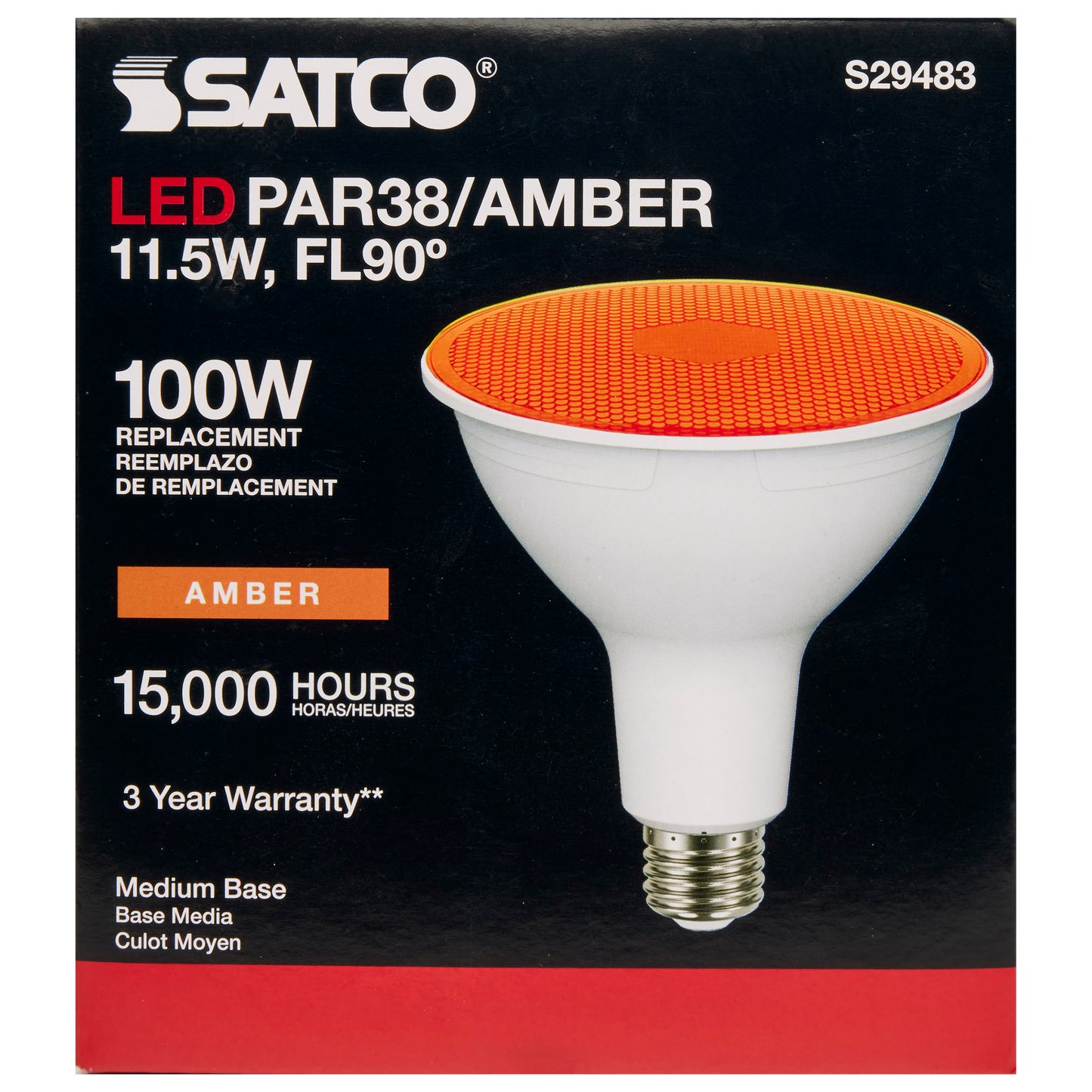 image of 11.5 Watt PAR38 LED - Amber - 90 degree Beam Angle - Medium base - 120 Volt