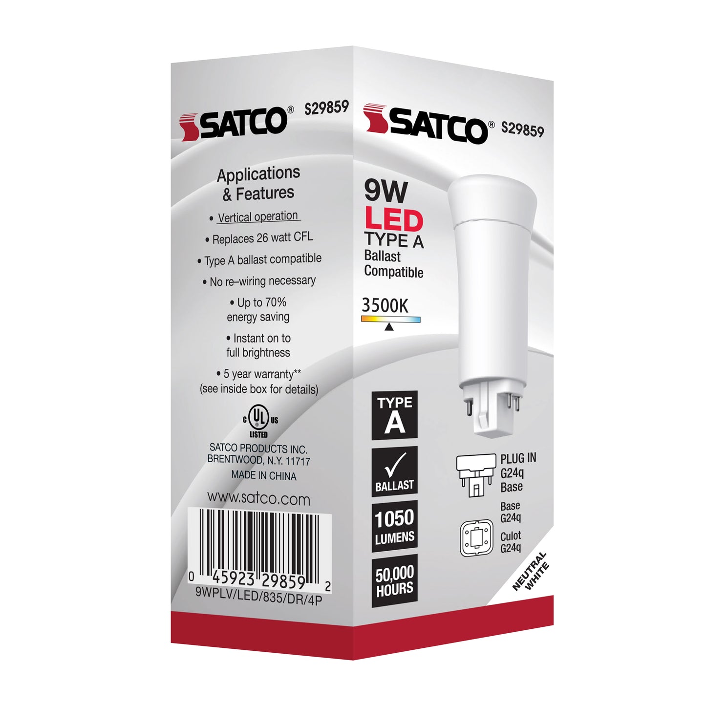 image of 9 Watt LED PL 4-Pin - 3500K - 1050 Lumens - G24q base - 50000 Average rated hours - 120 Deg. Beam Angle - Type A - Ballast dependent