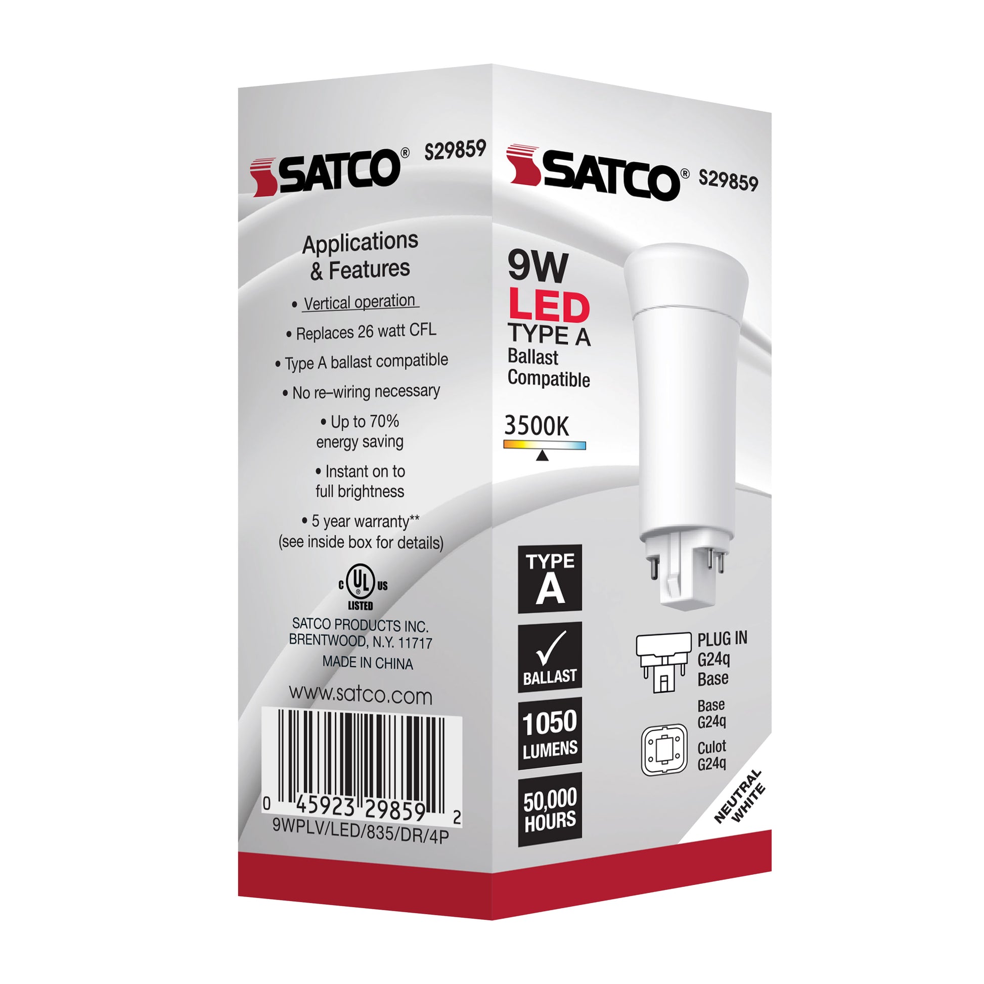 image of 9 Watt LED PL 4-Pin - 3500K - 1050 Lumens - G24q base - 50000 Average rated hours - 120 Deg. Beam Angle - Type A - Ballast dependent