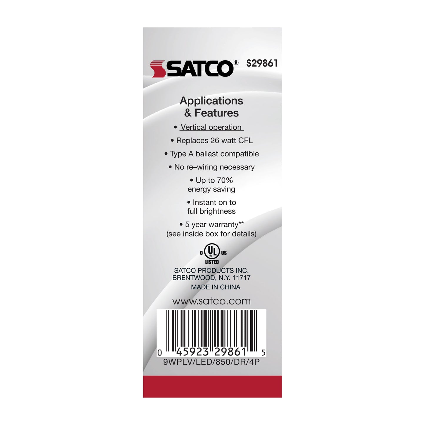 image of 9 Watt LED PL 4-Pin - 5000K - 1100 Lumens - G24q base - 50000 Average rated hours - 120 Deg. Beam Angle - Type A - Ballast dependent