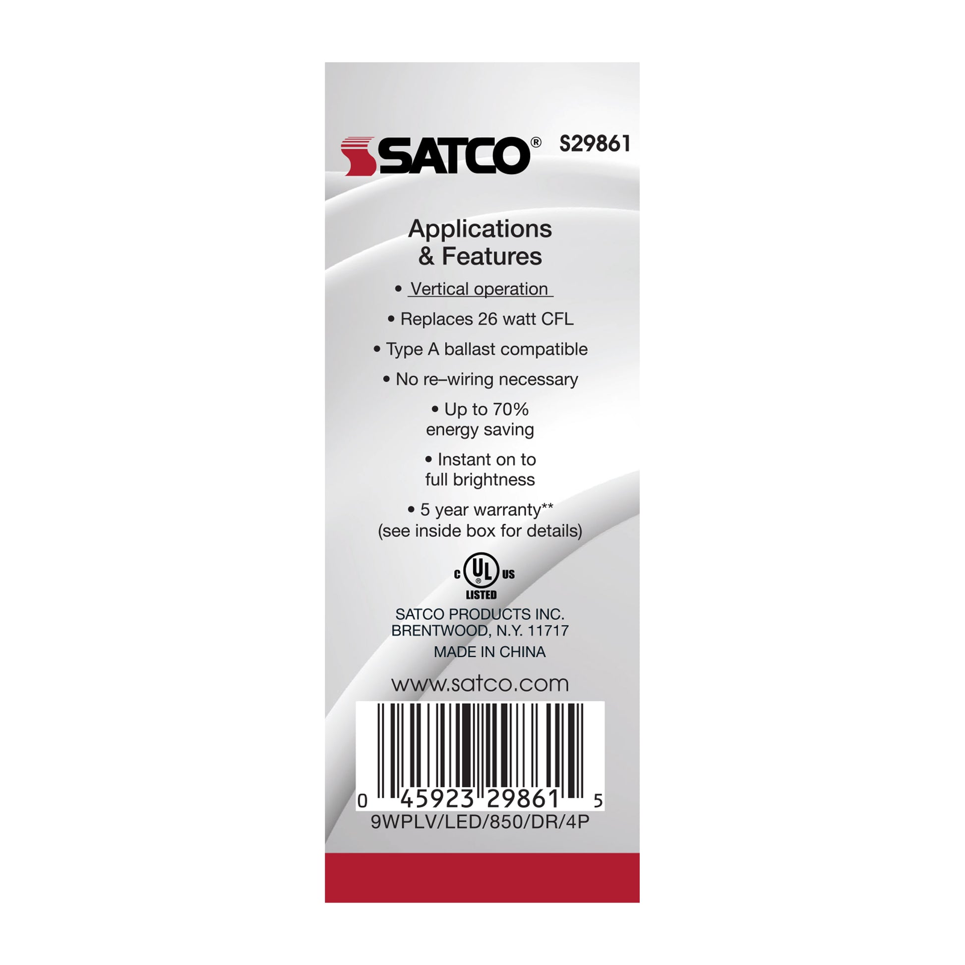 image of 9 Watt LED PL 4-Pin - 5000K - 1100 Lumens - G24q base - 50000 Average rated hours - 120 Deg. Beam Angle - Type A - Ballast dependent