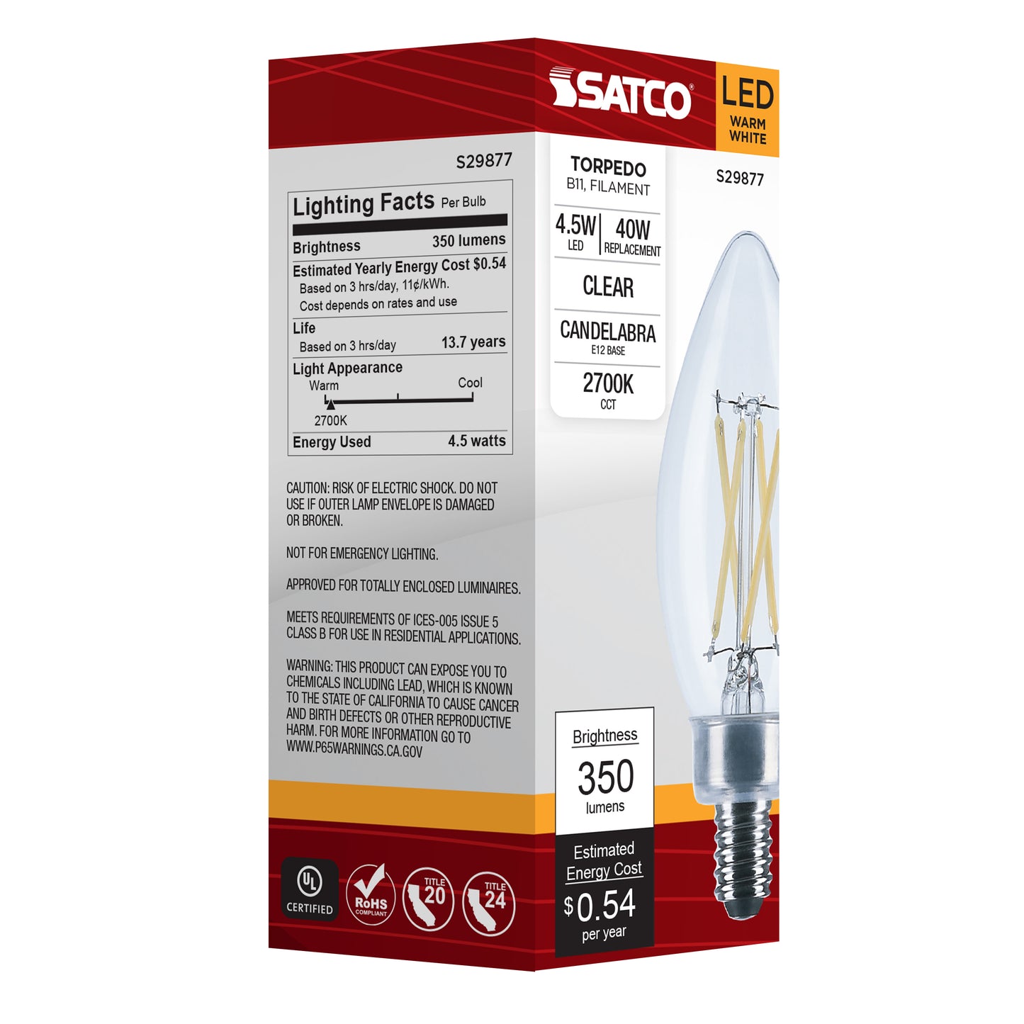 image of 4.5 Watt B11 LED - Clear - Candelabra base - 2700K - 350 Lumens - 120 Volt