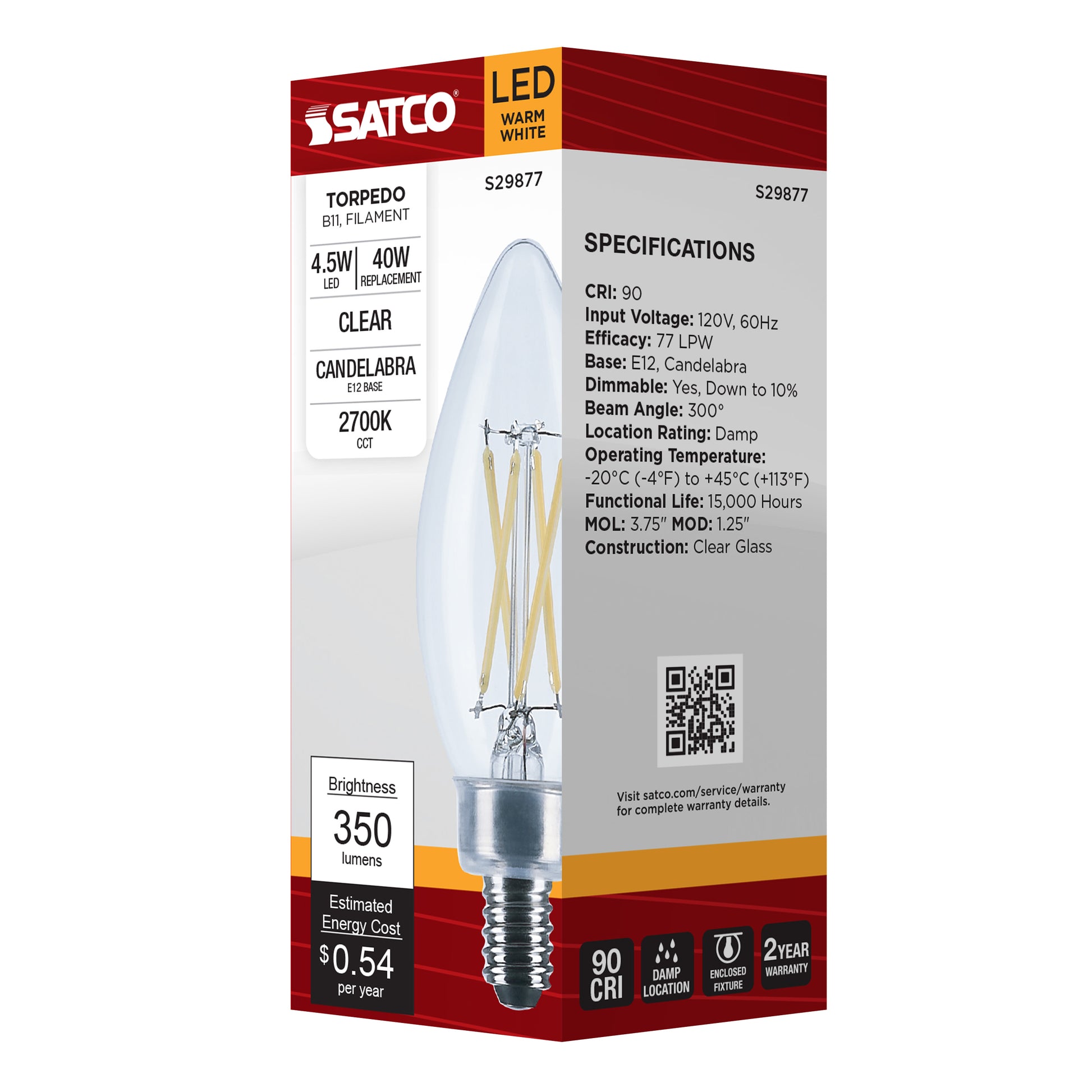 image of 4.5 Watt B11 LED - Clear - Candelabra base - 2700K - 350 Lumens - 120 Volt