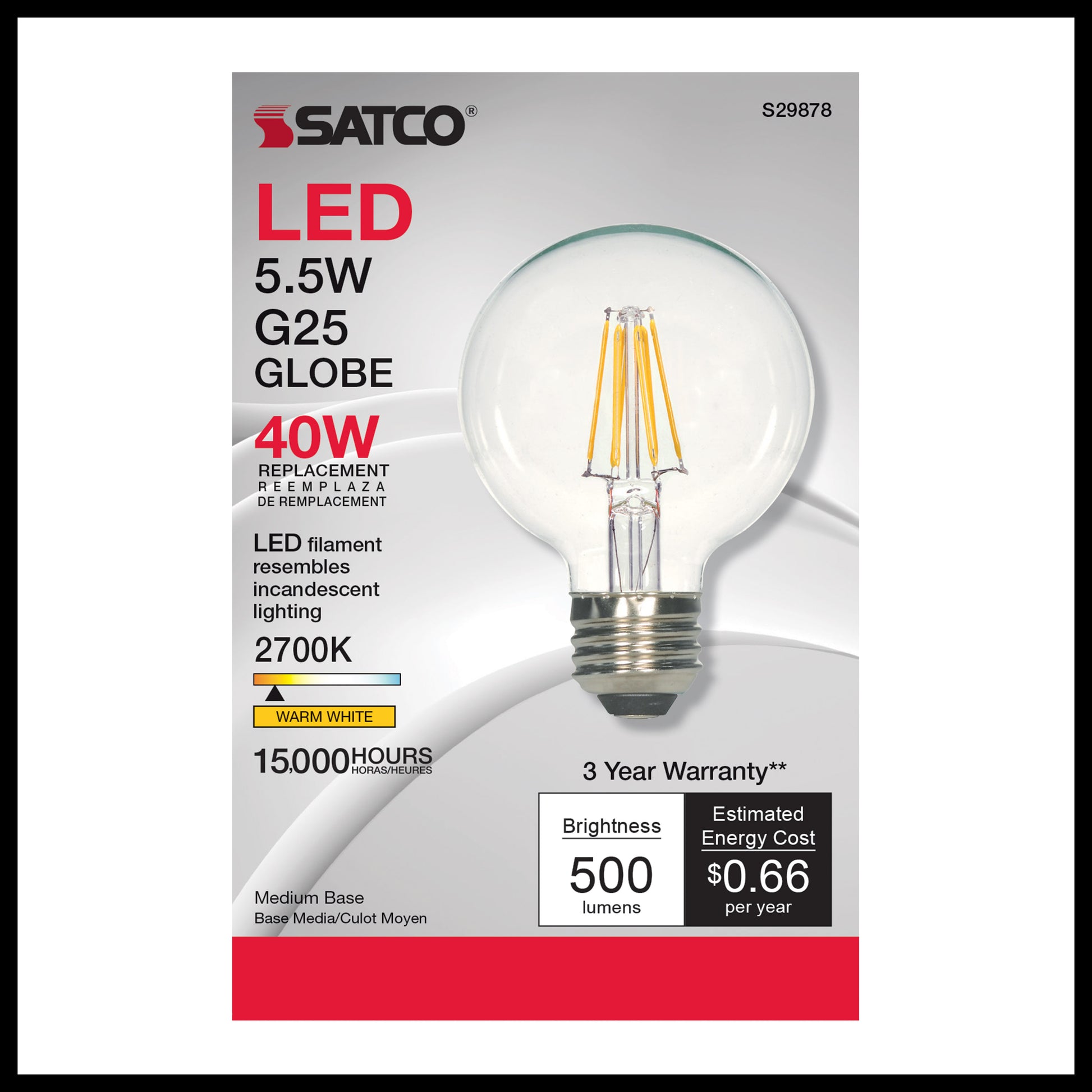 image of 5.5 Watt G25 LED - Clear - Medium base - 2700K - 500 Lumens - 120 Volt