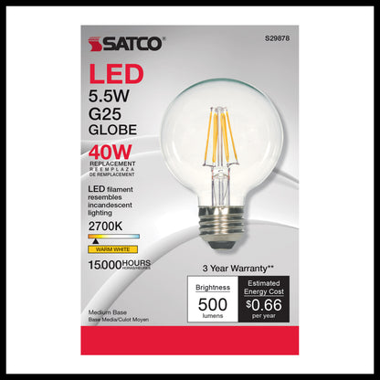image of 5.5 Watt G25 LED - Clear - Medium base - 2700K - 500 Lumens - 120 Volt