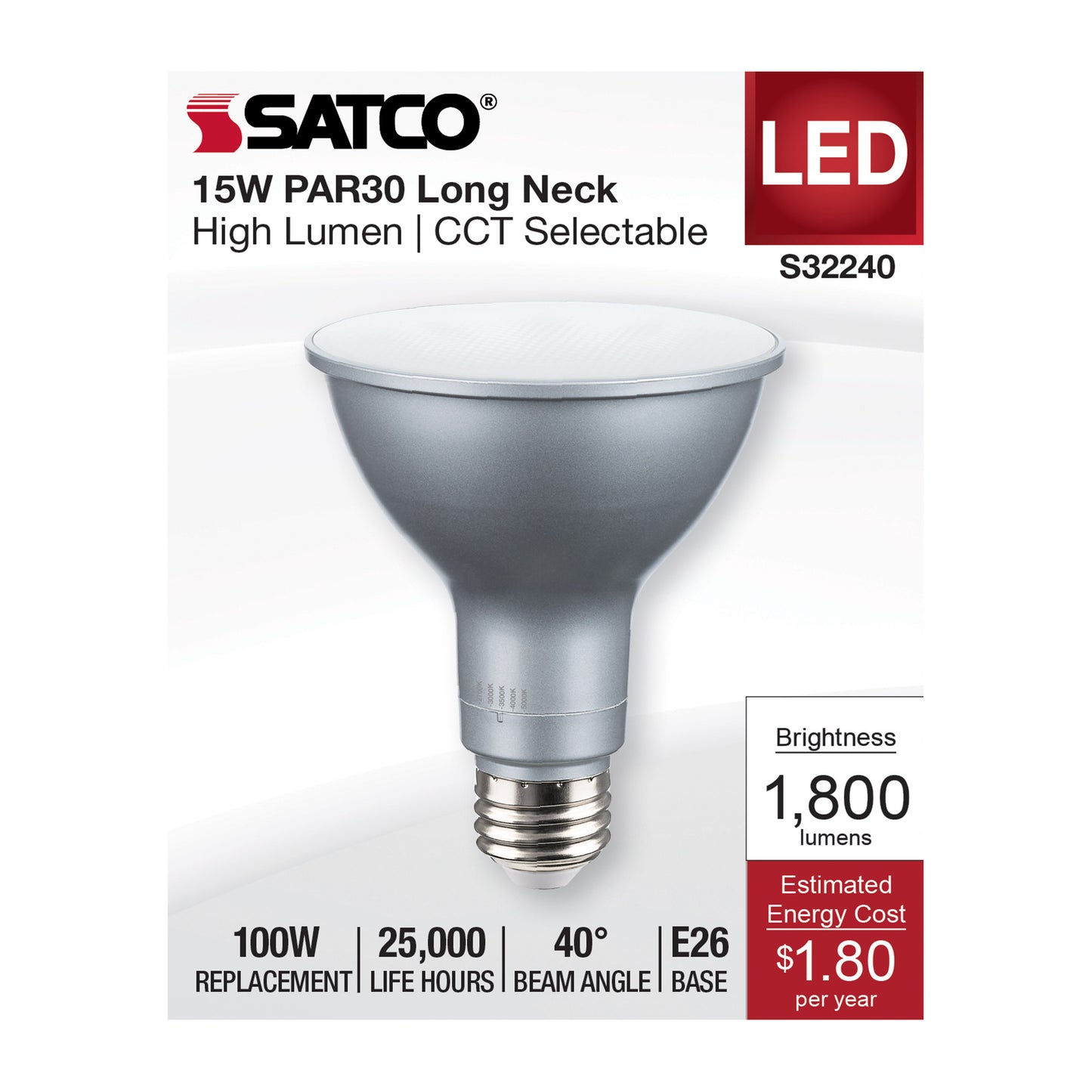image of 15 Watt PAR30LN High Lumen LED - Long Neck - 27K/30K/35K/40K/50K CCT Selectable - Medium Base - 120 Volt