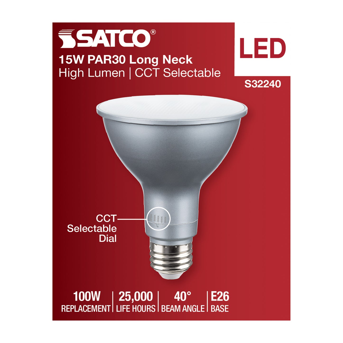 image of 15 Watt PAR30LN High Lumen LED - Long Neck - 27K/30K/35K/40K/50K CCT Selectable - Medium Base - 120 Volt