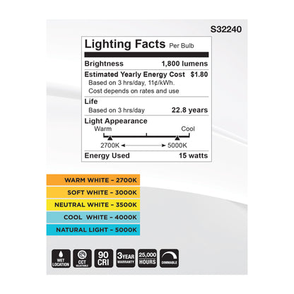 image of 15 Watt PAR30LN High Lumen LED - Long Neck - 27K/30K/35K/40K/50K CCT Selectable - Medium Base - 120 Volt