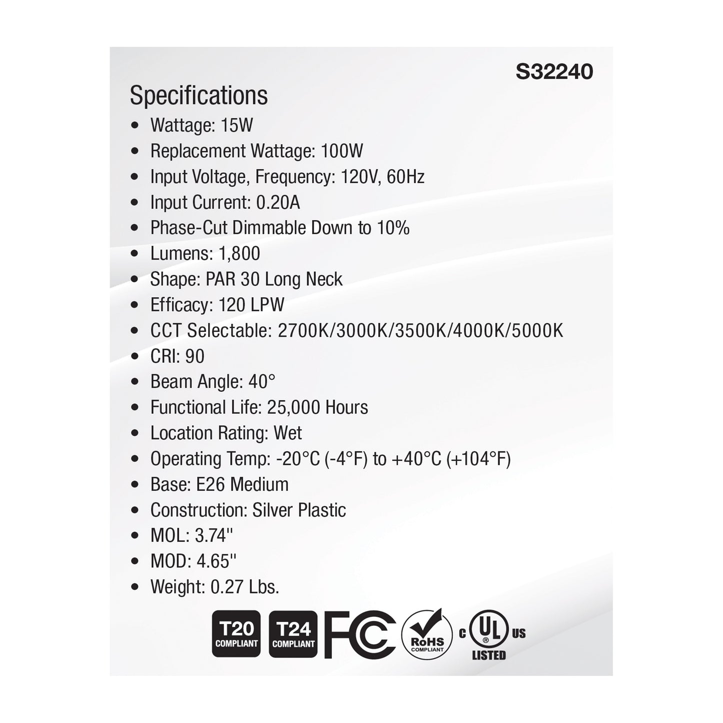 image of 15 Watt PAR30LN High Lumen LED - Long Neck - 27K/30K/35K/40K/50K CCT Selectable - Medium Base - 120 Volt