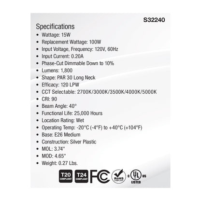 image of 15 Watt PAR30LN High Lumen LED - Long Neck - 27K/30K/35K/40K/50K CCT Selectable - Medium Base - 120 Volt