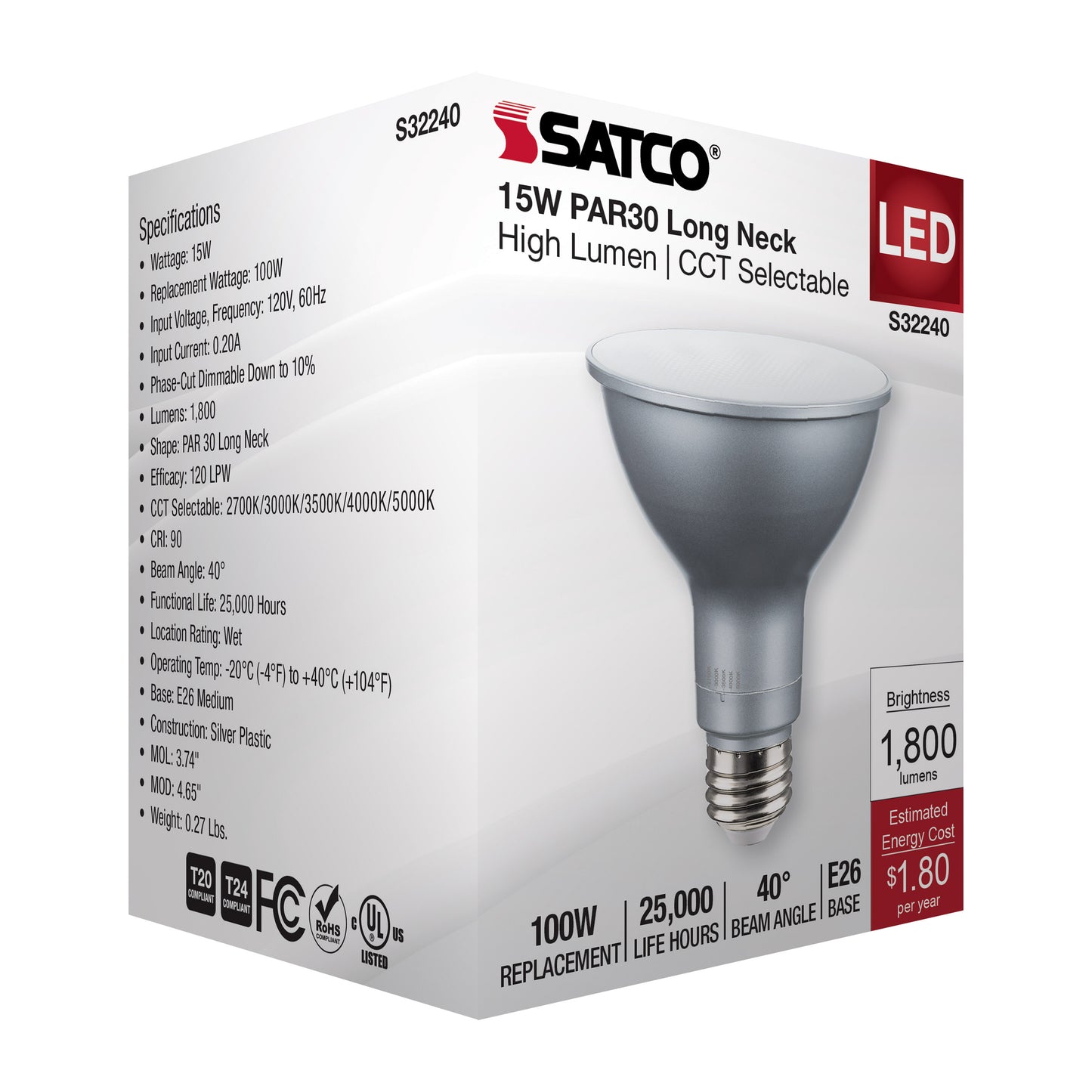 image of 15 Watt PAR30LN High Lumen LED - Long Neck - 27K/30K/35K/40K/50K CCT Selectable - Medium Base - 120 Volt