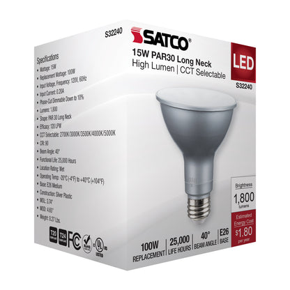 image of 15 Watt PAR30LN High Lumen LED - Long Neck - 27K/30K/35K/40K/50K CCT Selectable - Medium Base - 120 Volt
