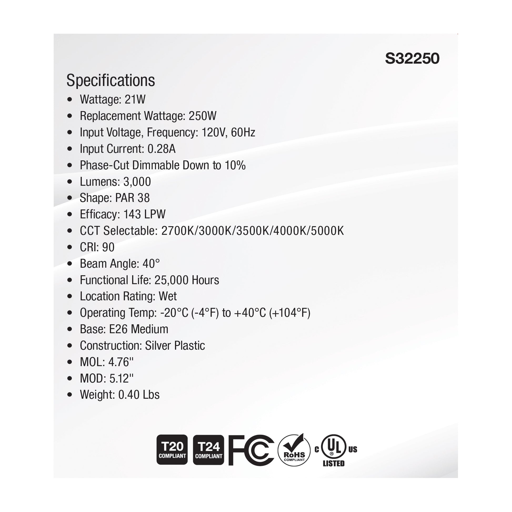 image of 21 Watt PAR38 High Lumen LED - 27K/30K/35K/40K/50K CCT Selectable - Medium Base - 120 Volt