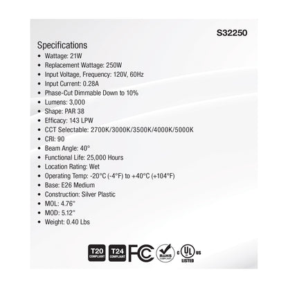 image of 21 Watt PAR38 High Lumen LED - 27K/30K/35K/40K/50K CCT Selectable - Medium Base - 120 Volt