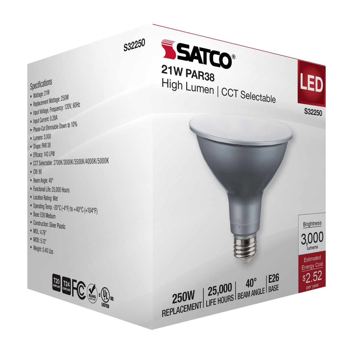 image of 21 Watt PAR38 High Lumen LED - 27K/30K/35K/40K/50K CCT Selectable - Medium Base - 120 Volt