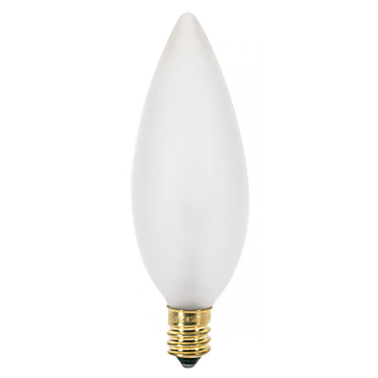 25 Watt BA9 1/2 Incandescent - Frost - 1500 Average rated hours - 212 Lumens - Candelabra base - 120 Volt