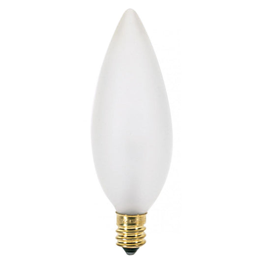 15 Watt BA9 1/2 Incandescent - Frost - 1500 Average rated hours - 114 Lumens - Candelabra base - 120 Volt