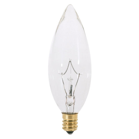 25 Watt B10 Incandescent - Clear - 1000 Average rated hours - 200 Lumens - Candelabra base - 220 Volt