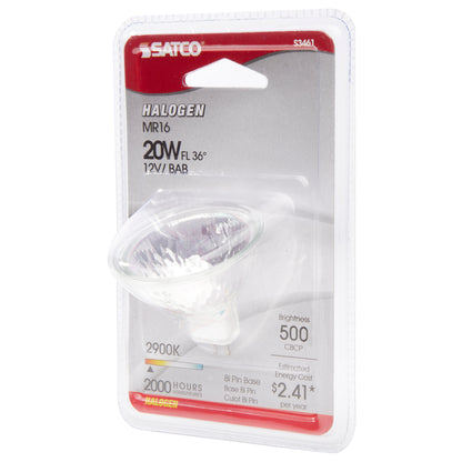 image of 20 Watt - Halogen - MR16 - BAB - 2000 Average rated hours - Miniature 2 Pin Round base - 12 Volt - Carded