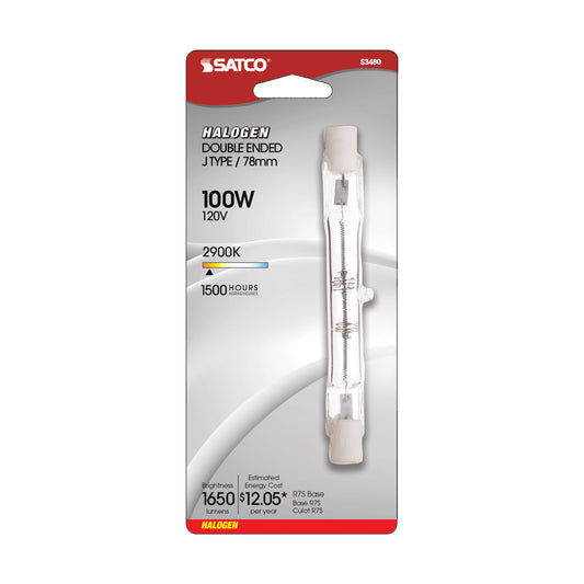 image of 100 Watt - Halogen - T3 - Clear - 1500 Average rated hours - 1650 Lumens - Double Ended base - 78mm - 120 Volt - Carded