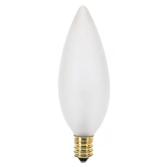 25 Watt BA9 1/2 Incandescent - Frost - 1500 Average rated hours - 212 Lumens - Candelabra base - 120 Volt - 2-Card