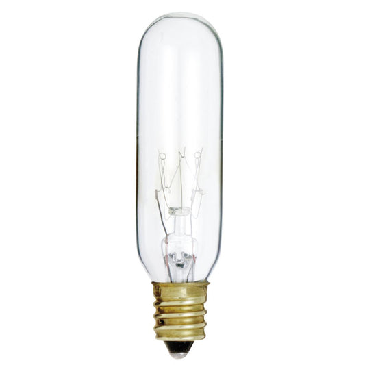 15 Watt T6 Incandescent - Clear - 2000 Average rated hours - 90 Lumens - Candelabra base - 145 Volt