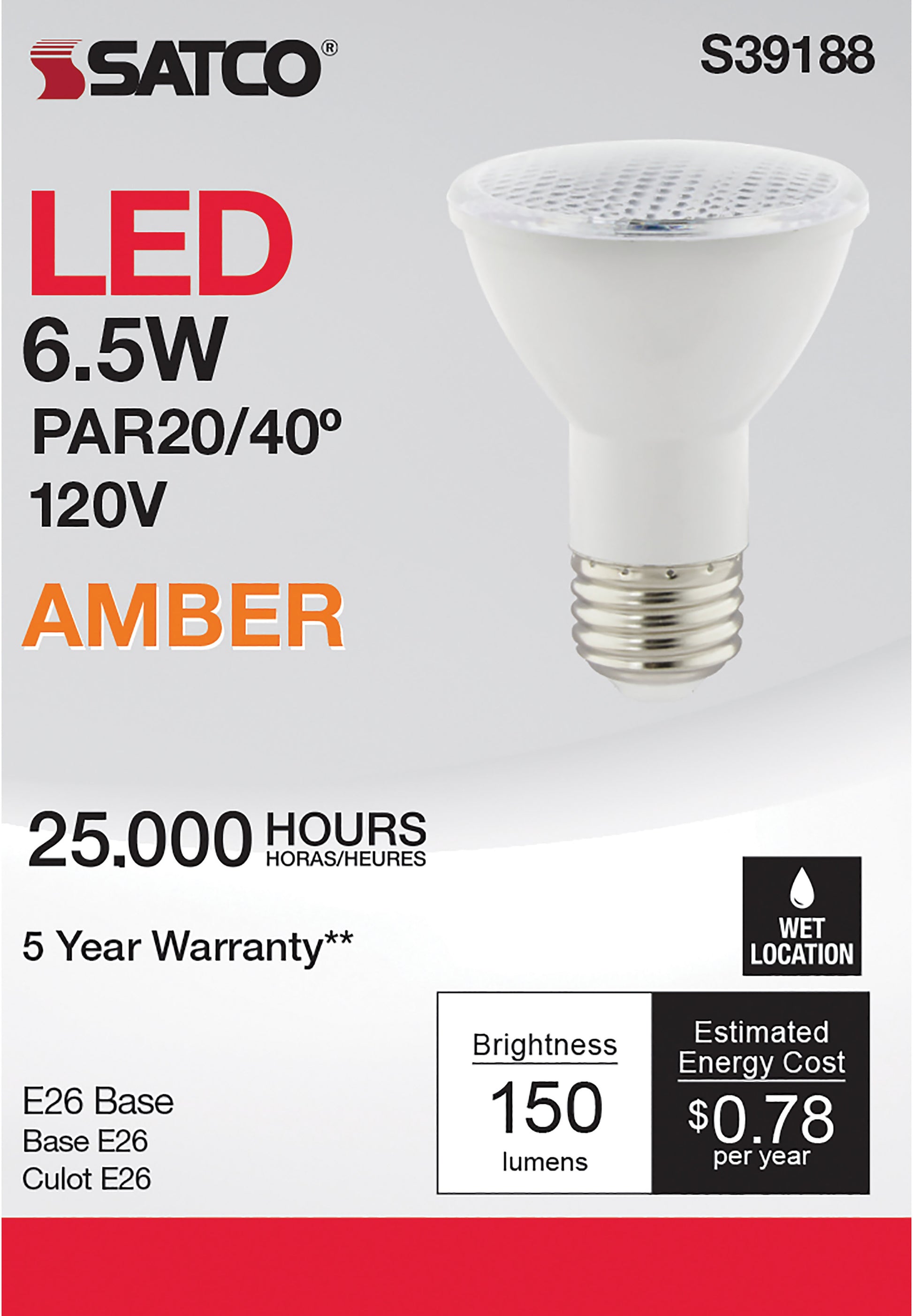 image of 6.5 Watt - PAR20 LED - Amber color - 40 deg. Beam Angle - Medium base - 120 Volt - Turtle Friendly