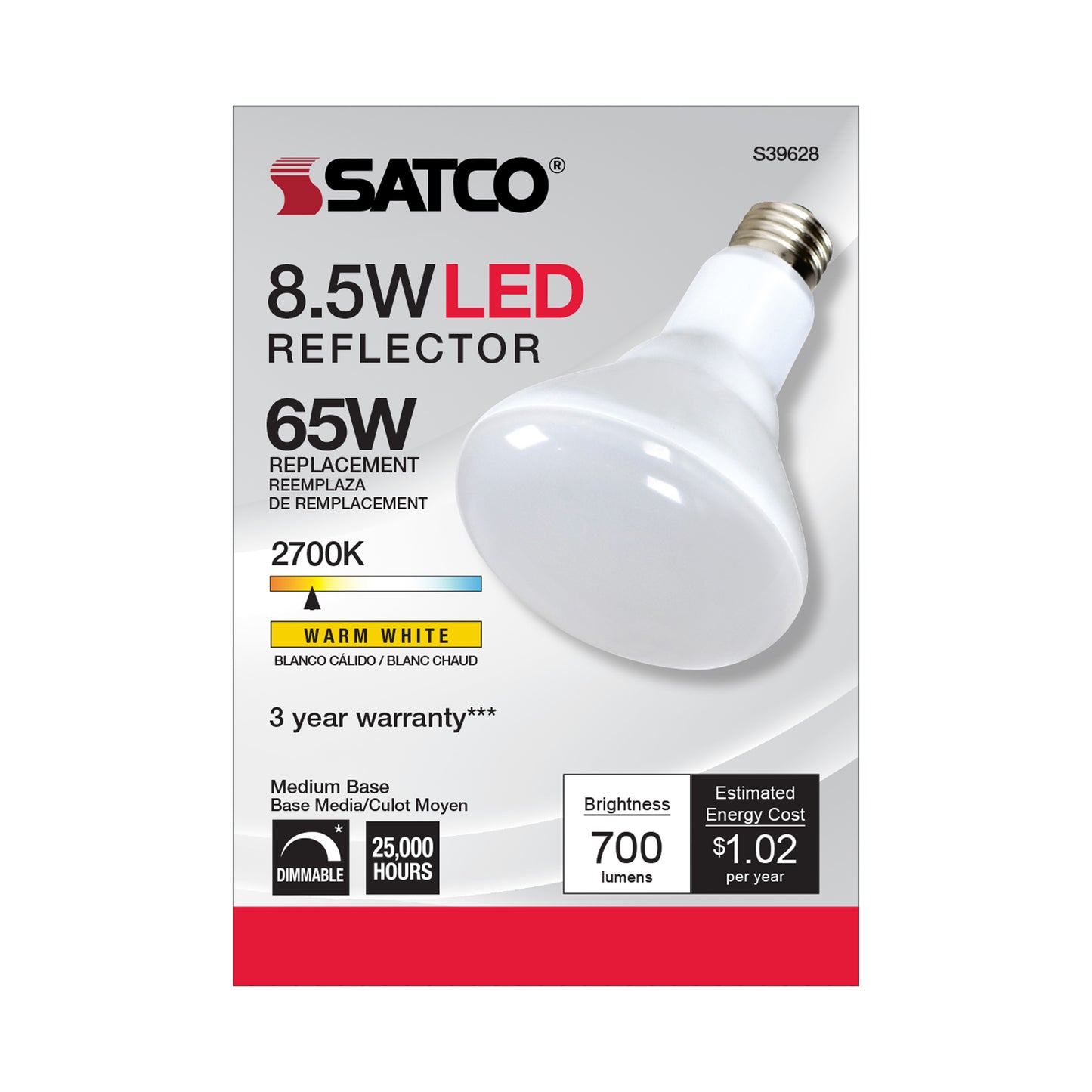 image of 8.5 Watt - BR30 LED - 2700K - 80 CRI - Medium Base - 120 Volts - Dimmable - 48-pack