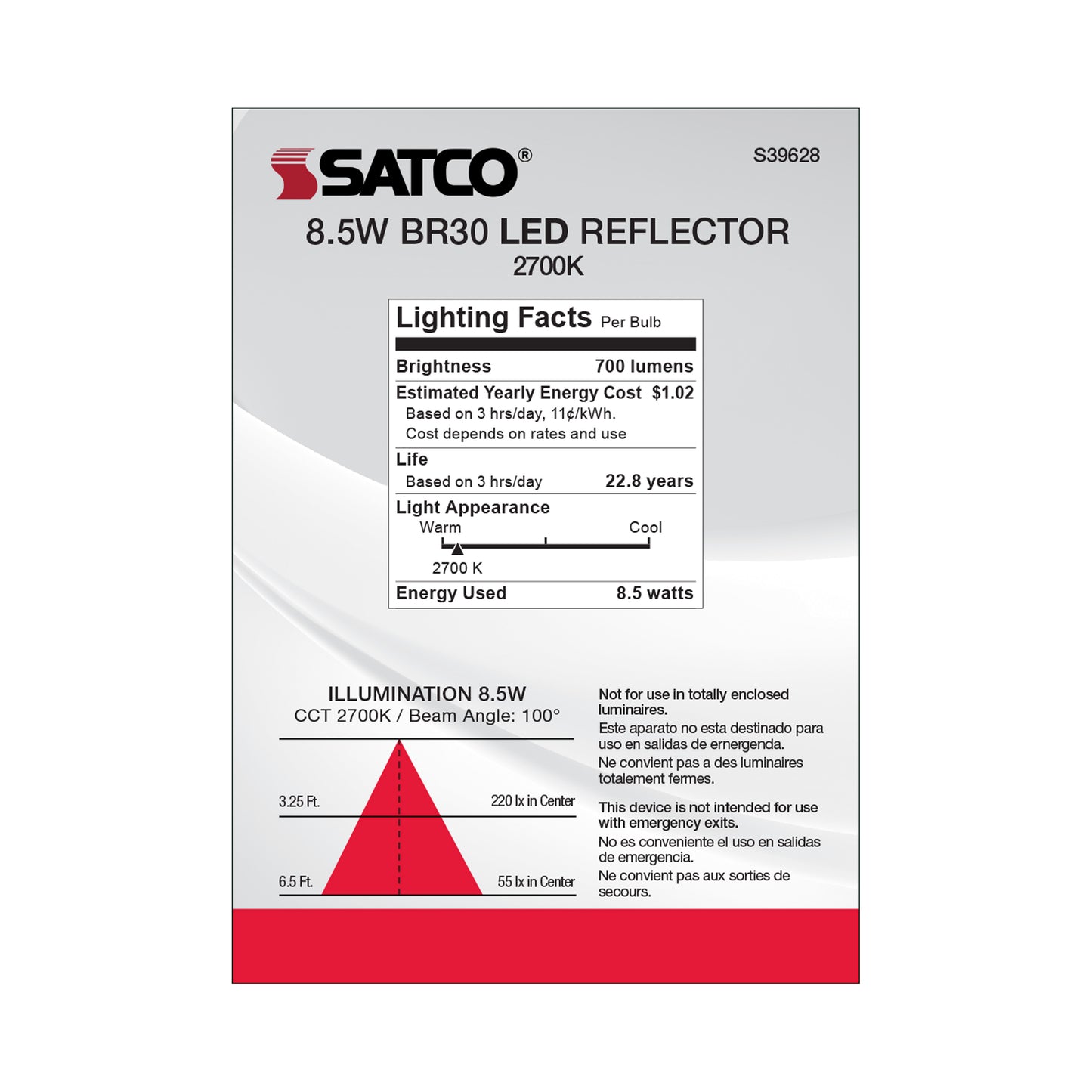 image of 8.5 Watt - BR30 LED - 2700K - 80 CRI - Medium Base - 120 Volts - Dimmable - 48-pack