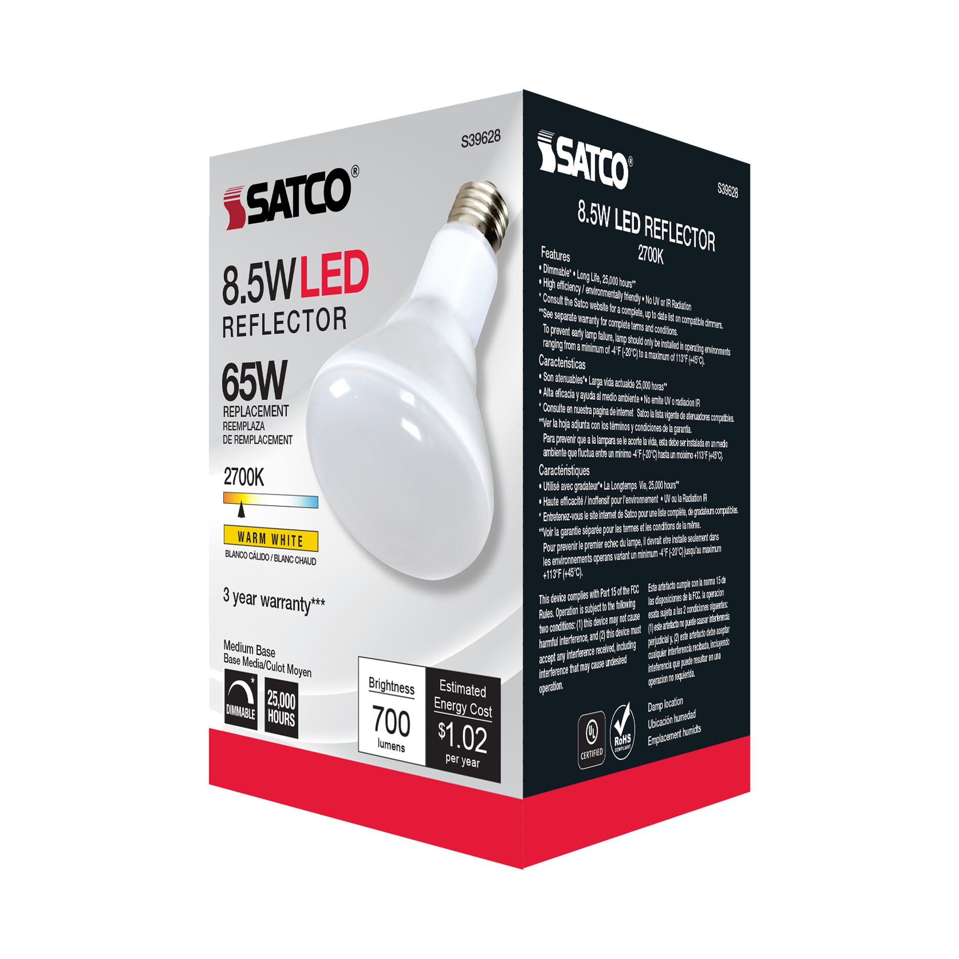 image of 8.5 Watt - BR30 LED - 2700K - 80 CRI - Medium Base - 120 Volts - Dimmable - 48-pack